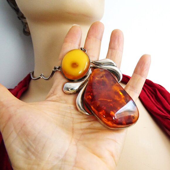 Super Giant Heavy Amber & 925 Silver Link Necklace - Rare Jewelry Gift For Her - Picture 16 of 16